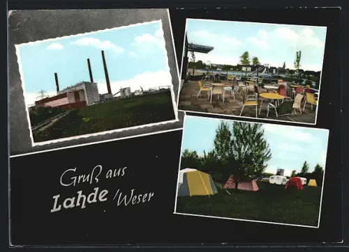 AK Lahde /Weser, Kraftwerk, Freiterrasse, Zeltplatz