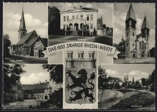 AK Rheda i. Westf., Rathaus, Evgl. Kirche, Kath. Kirche, Schloss-Innenhof, Stadtpark