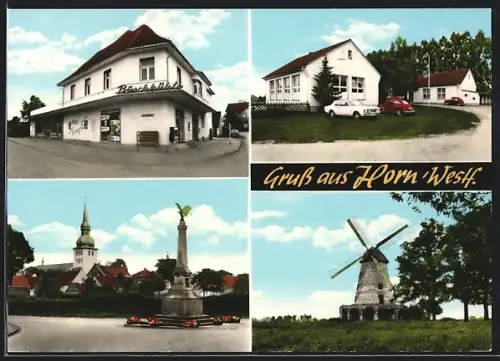 AK Horn /Westf., Windmühle, Denkmal, Geschäftshaus Büschbühl