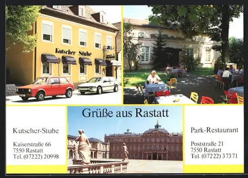 AK Rastatt, Park-Restaurant in der Poststrasse 21, Gasthaus Kutscher Stube in der Kaiserstr. 66