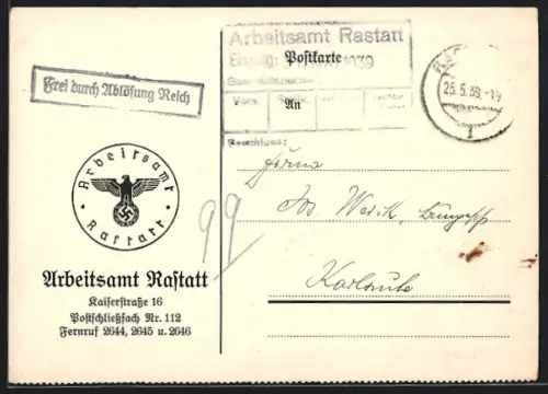AK Rastatt, Correspondenzkarte des Arbeitsamtes, 