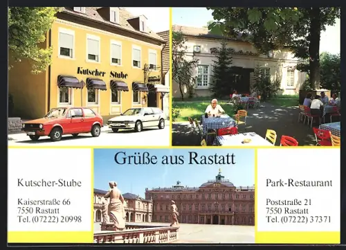 AK Rastatt, Park-Restaurant in der Poststrasse 21, Gasthaus Kutscher Stube in der Kaiserstr. 66