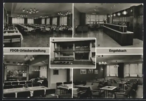 AK Engelsbach, FDGB-Urlaubersiedlung, Speisesaal, Empfangshalle, Klubraum