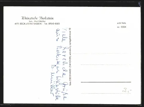 AK Beckstein /Baden, Gasthaus Weinstube Beckstein, Inh. Karl Müller, Innenansicht