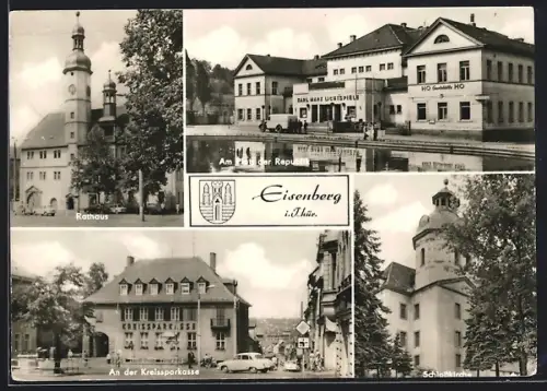 AK Eisenberg i. Thür., HO Gaststätte Am Platz der Republik, Rathaus, Kreissparkasse, Schlosskirche
