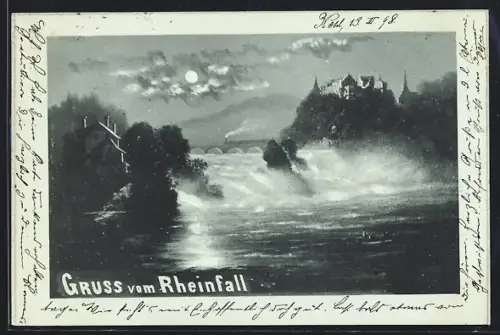 AK Rheinfall, Ansicht mit Brücke und Burg bei Vollmond