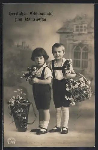 Foto-AK R & K / L, Zwei Kinder mit Blumenkörben, Namenstag