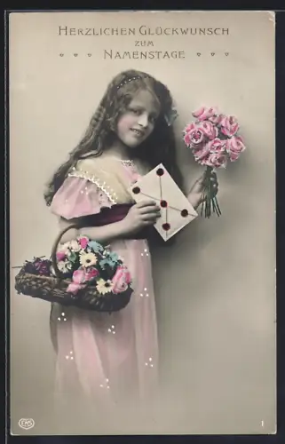 Foto-AK EAS Nr. 1: Mädchen mit Kuvert und Rosen, Glückwunsch zum Namenstag