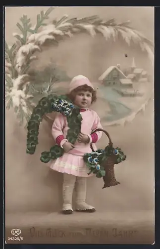 Foto-AK EAS Nr. 04325/6: Winterlandschaft mit Kirche, Kind hält Hufeisen, Neujahrsgruss