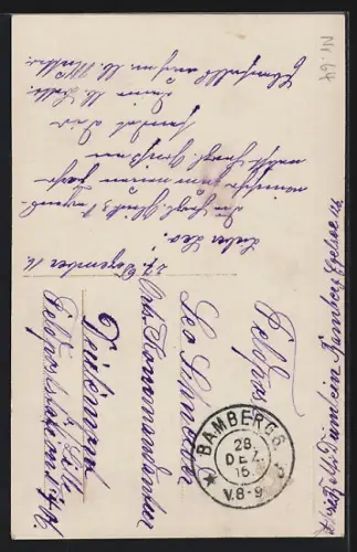 Foto-AK EAS Nr. 04325/6: Winterlandschaft mit Kirche, Kind hält Hufeisen, Neujahrsgruss