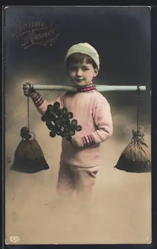 Foto-AK EAS Nr. 2569: Kleiner Junge mit Geldsäcken, Neujahrsgruss