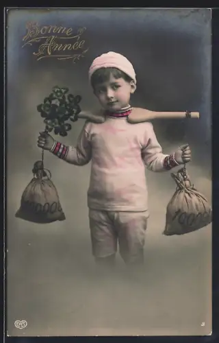 Foto-AK EAS Nr. 3: Kleiner Junge mit Geldsäcken, Neujahrsgruss