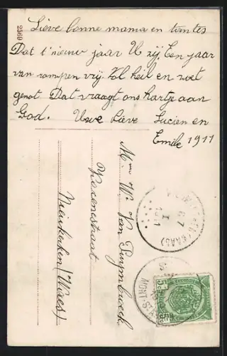 Foto-AK EAS Nr. 3: Kleiner Junge mit Geldsäcken, Neujahrsgruss