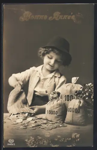 Foto-AK EAS Nr. 8469/3: Kleiner Junge mit Geldsäcken, Neujahrsgruss