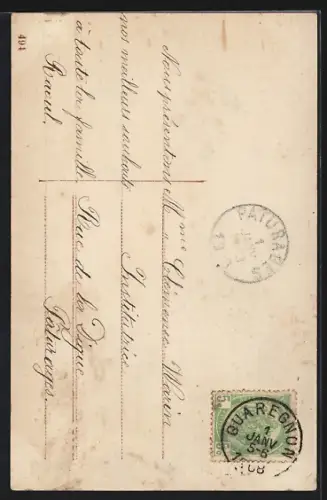 Foto-AK EAS Nr. 494: Mädchen mit Hufeisen an Uhr, Neujahrsgruss