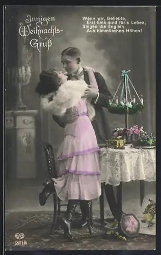 Foto-AK EAS Nr. 5951/6: Liebespaar am Tisch, Weihnachtsgruss