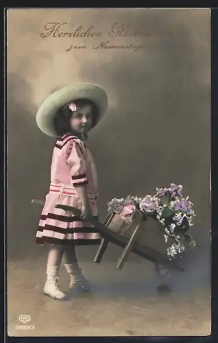 Foto-AK EAS Nr. 9593/3: Kleines Mädchen mit Blumenkarren, Glückwunsch zum Namenstag