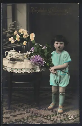 Foto-AK EAS Nr. 7642/5: Kleiner Junge am Kaffeetisch, Glückwunsch zum Namenstag