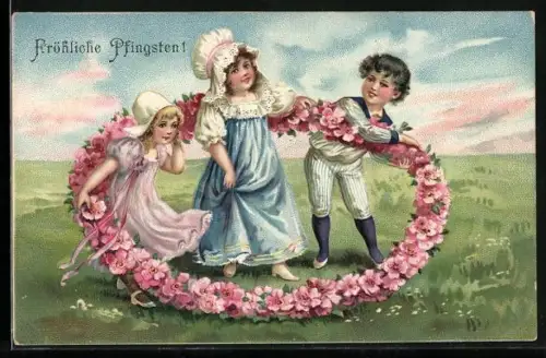 AK Kinder mit Blumenkranz auf einer Wiese, Pfingstgruss