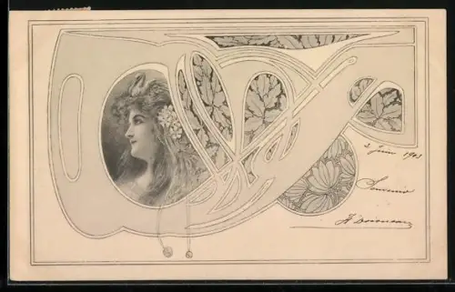 Künstler-AK M.Munk: Frauenporträt mit Schwan auf dem Kopf, Jugendstil