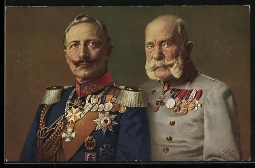 Künstler-AK Kaiser Franz Josef I. von Österreich mit Kaiser Wilhelm II. in Uniform mit Orden, Zweibund