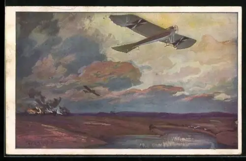 Künstler-AK Hans Rudolf Schulze: deutsche Flugzeuge nach einem Angriff