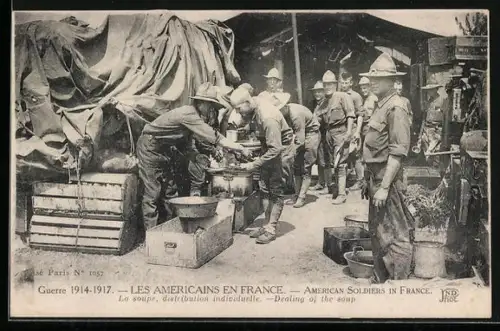 AK Les Americains en France, La soupe, distribution individuelle, Amerikanische Soldaten bei der Feldküche