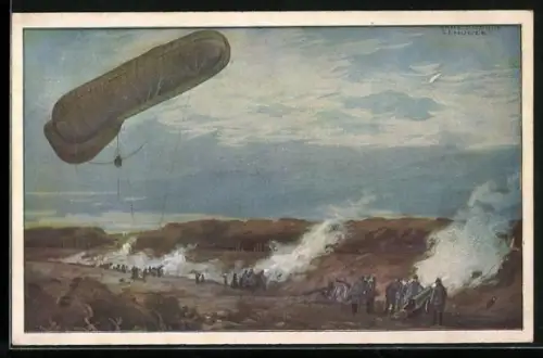Künstler-AK Hans Rudolf Schulze: Fesselballon, unsere Artilleriewirkung beobachtend