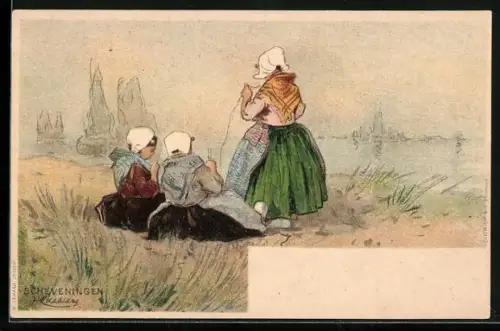 Künstler-AK H. Cassiers: Scheveningen, Frauen in Tracht am Strand