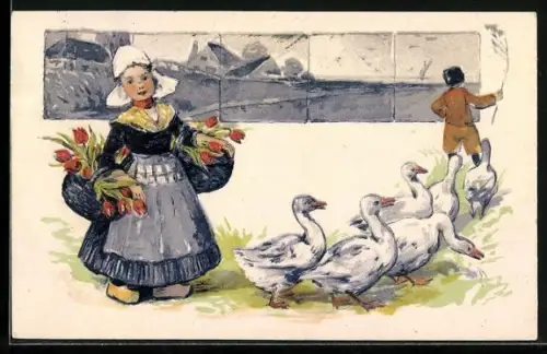 AK Mädchen in niederländischer Tracht mit zwei Körben voller Tulpen hinter Gänsen