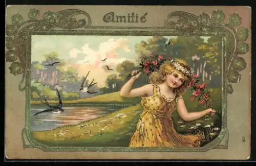 AK Mädchen mit Blumen tanzt auf einer Wiese