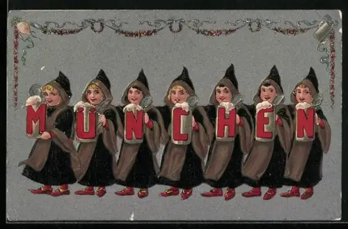 Künstler-AK München, Münchner Kindl mit Bierkrügen