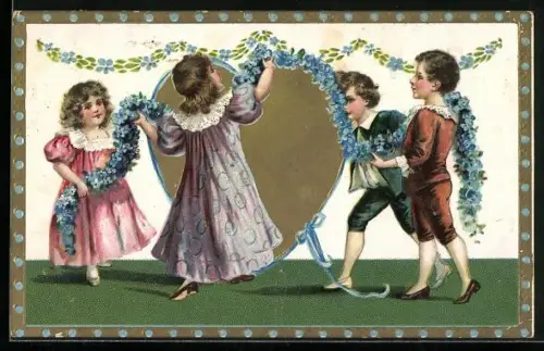 AK Kinder schmücken ein goldenes Herz mit einer Girlande aus Vergissmeinnicht