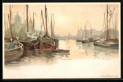 Künstler-AK Amsterdam, Partie am Hafen