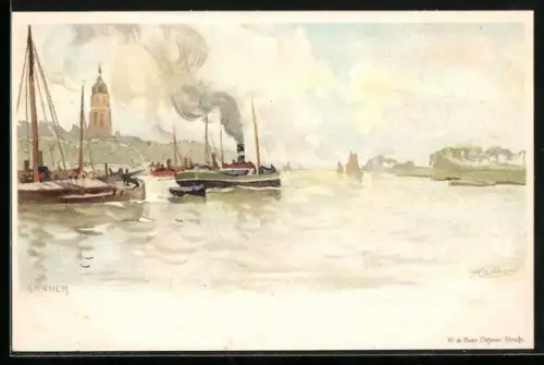 Künstler-AK Arnhem, Partie auf dem Rhein mit Kähnen u. Blick zum Turm der Eusebius-Kirche