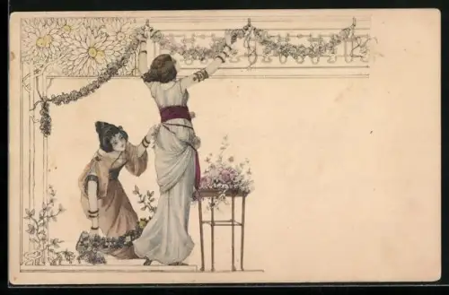 AK Zwei Mädchen schmücken die Wände mit Blumengirlanden, Ornament