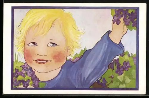 Künstler-AK Rie Cramer: Hellblondes Kind beim Fliederpflücken