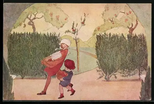 Künstler-AK Rie Cramer: zwei Kinder mit geerntetem Obst