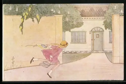 Künstler-AK Rie Cramer: Langslaapstertje, Mädchen eilt nach Hause