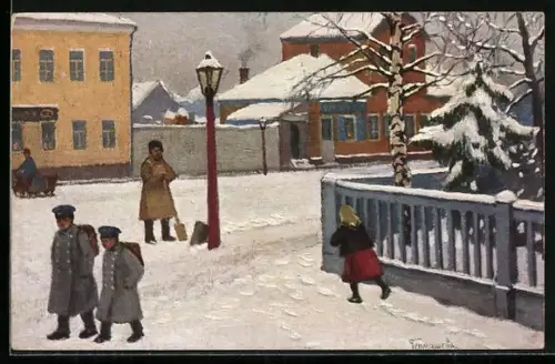 Künstler-AK Riga, Strassenpartie bei Neuschnee
