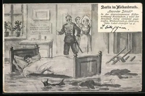 Künstler-AK Berlin-Kreuzberg, Wolkenbruch 1902, Gesunder Schlaf in der Katzbachstrasse 5