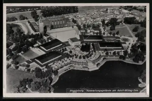 AK Magdeburg, Ausstellungsgelände am Adolf-Mittag-See vom Flugzeug aus