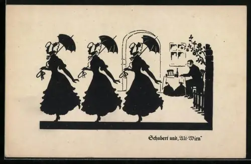 Künstler-AK Schubert und Alt-Wien, Drei Damen mit Hauben und Schirmen