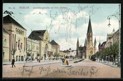 AK Berlin, Ausstellungshallen am Zoologischen Garten mit Strasse und Gedächtniskirche