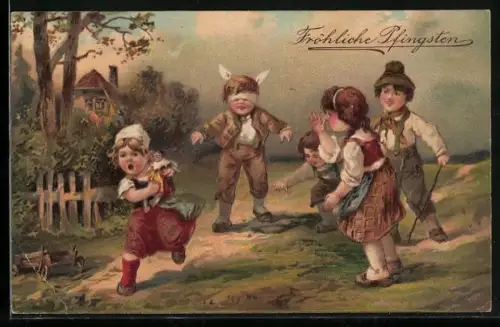 AK Pfingstgruss, Kinder spielen Blinde Kuh