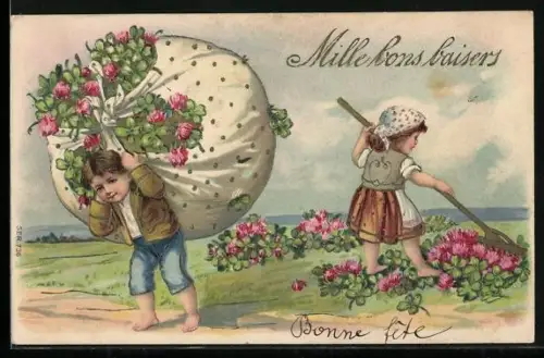 AK Kinder ernten im Garten viele rote Blumen