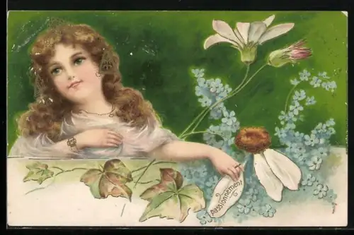 AK Mädchen zupft Blätter von einer Blüte, Vergissmeinnicht