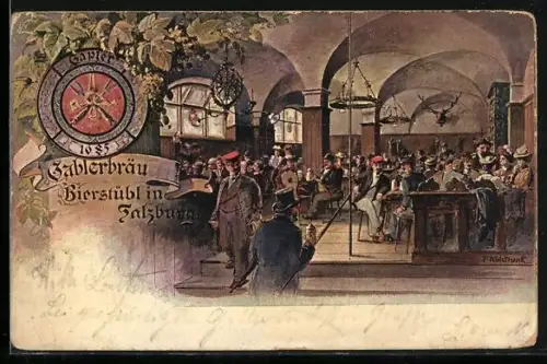 Künstler-AK Salzburg, Bierstübl Gablerbräu, Innenansicht