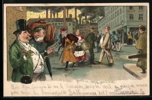 Lithographie Page trägt bürgerlichem Mann sein Gepäck
