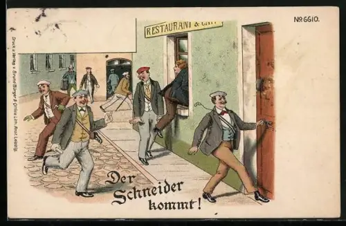Künstler-Lithographie Bruno Bürger & Ottillie Nr. 6610: Der Schneider kommt!, Studentenhumor